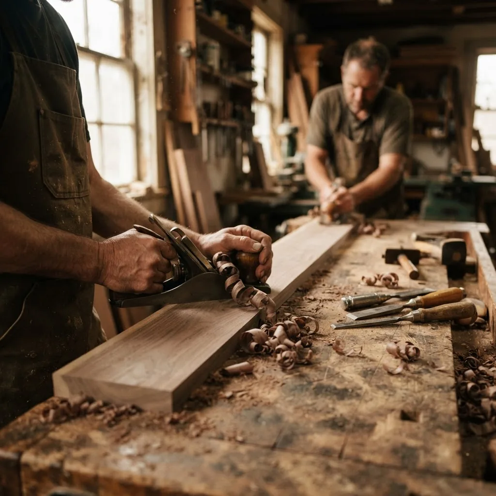 A walnut plank being hand-planed in the Anand workshop